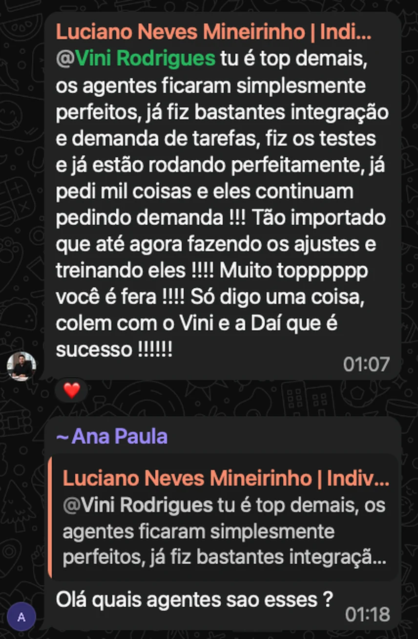 Print do WhatsApp. À 01h07, Luciano Neves escreve que os agentes ficaram perfeitos, que fez os testes e que ainda está fazendo os ajustes. Às 01h18, Ana Paula pergunta: quais agentes são esses?